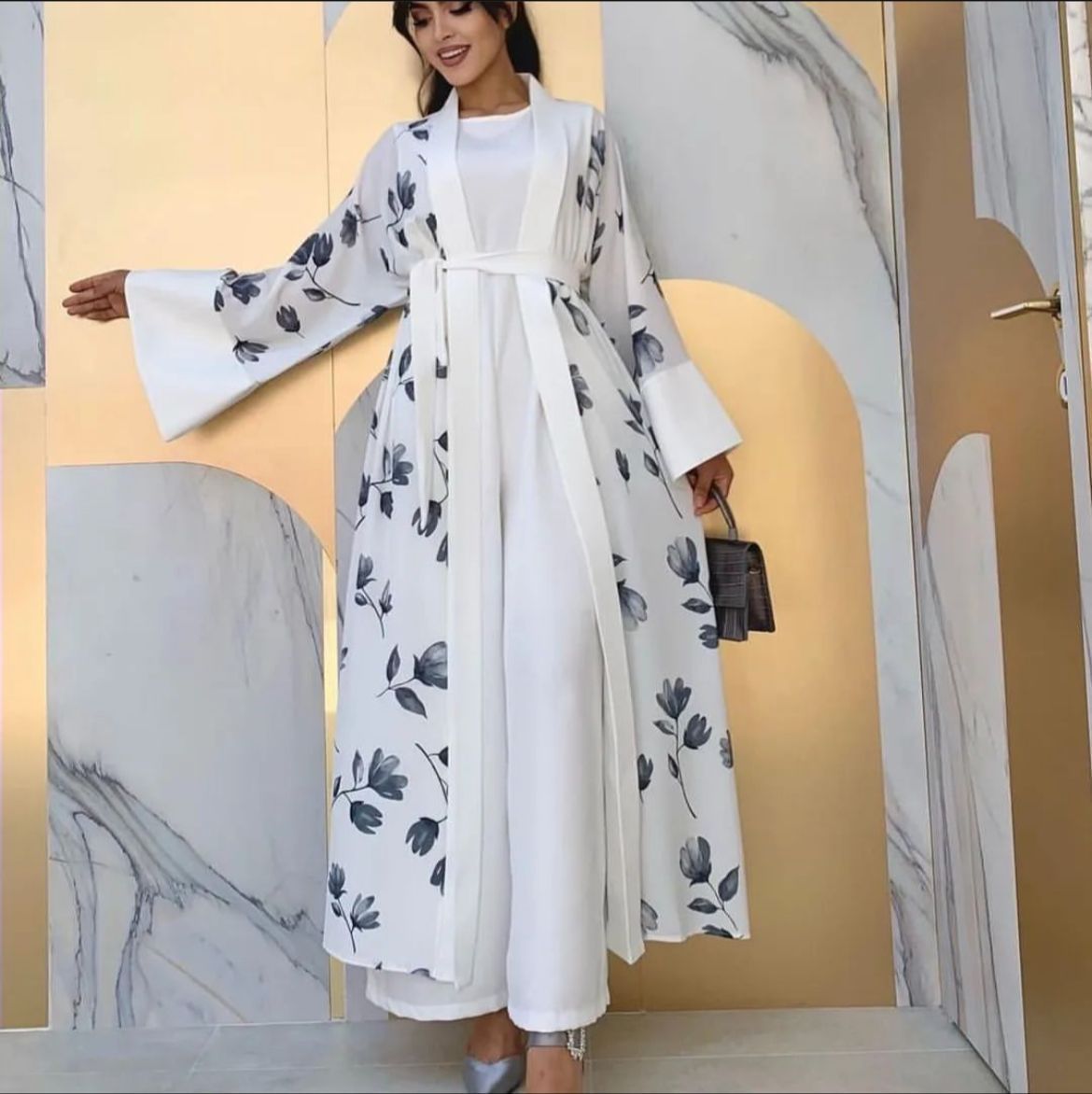 women 3 pcs printed open front abaya