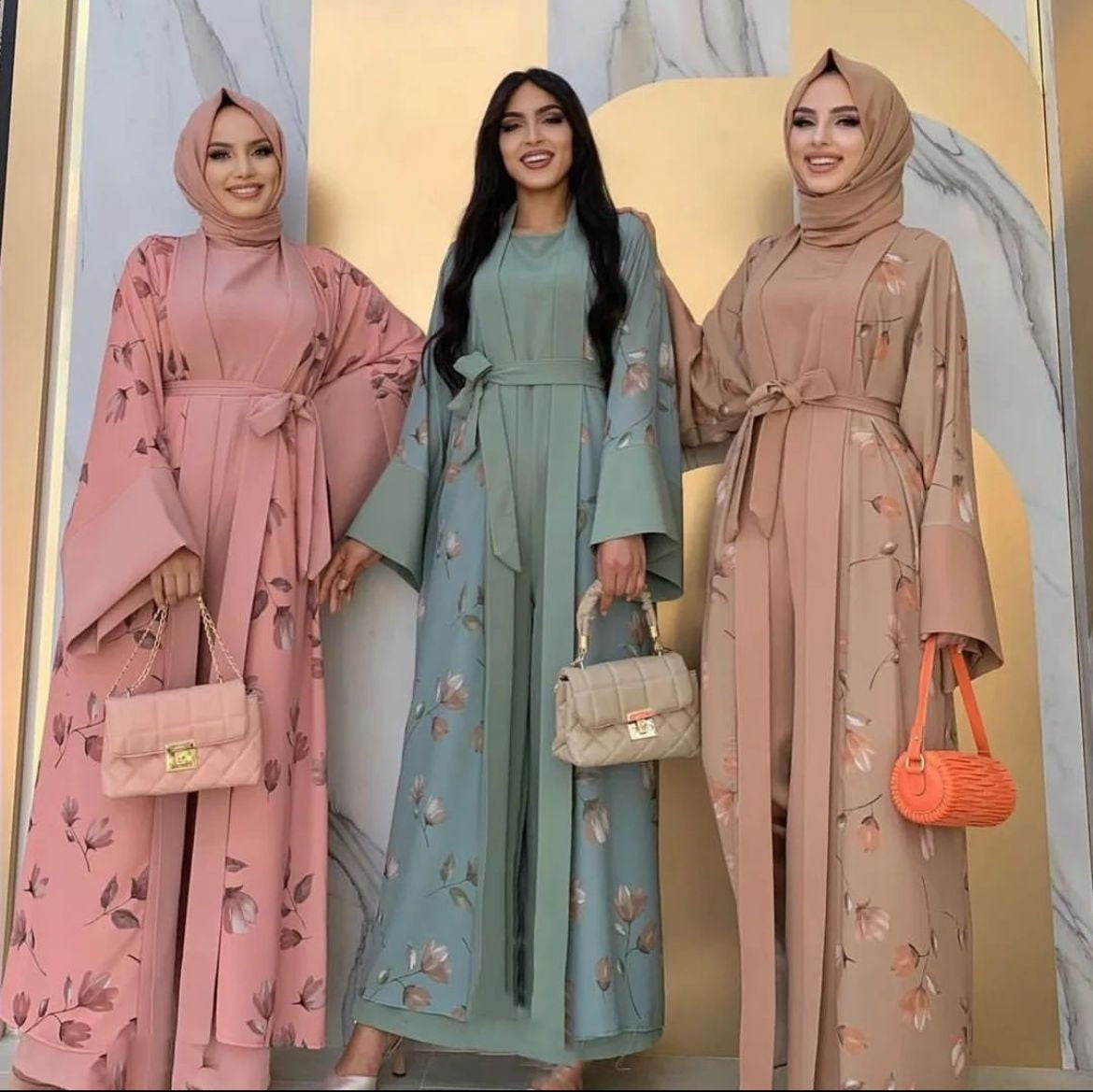 women 3 pcs printed open front abaya