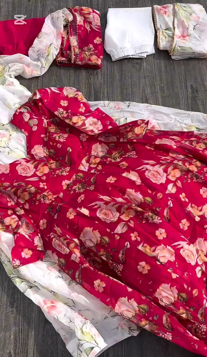 3 Pcs Printed Chiffion Anarkali Dress